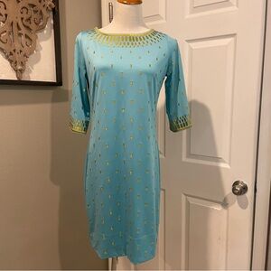 Gretchen Scott Dress Small Blue Stretch Gold Embroidered Short Sleeve Midi